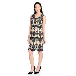 Black Nude Embroidered Mesh Dress w/ Scallop Hemline Knit Lining L to XL fit
